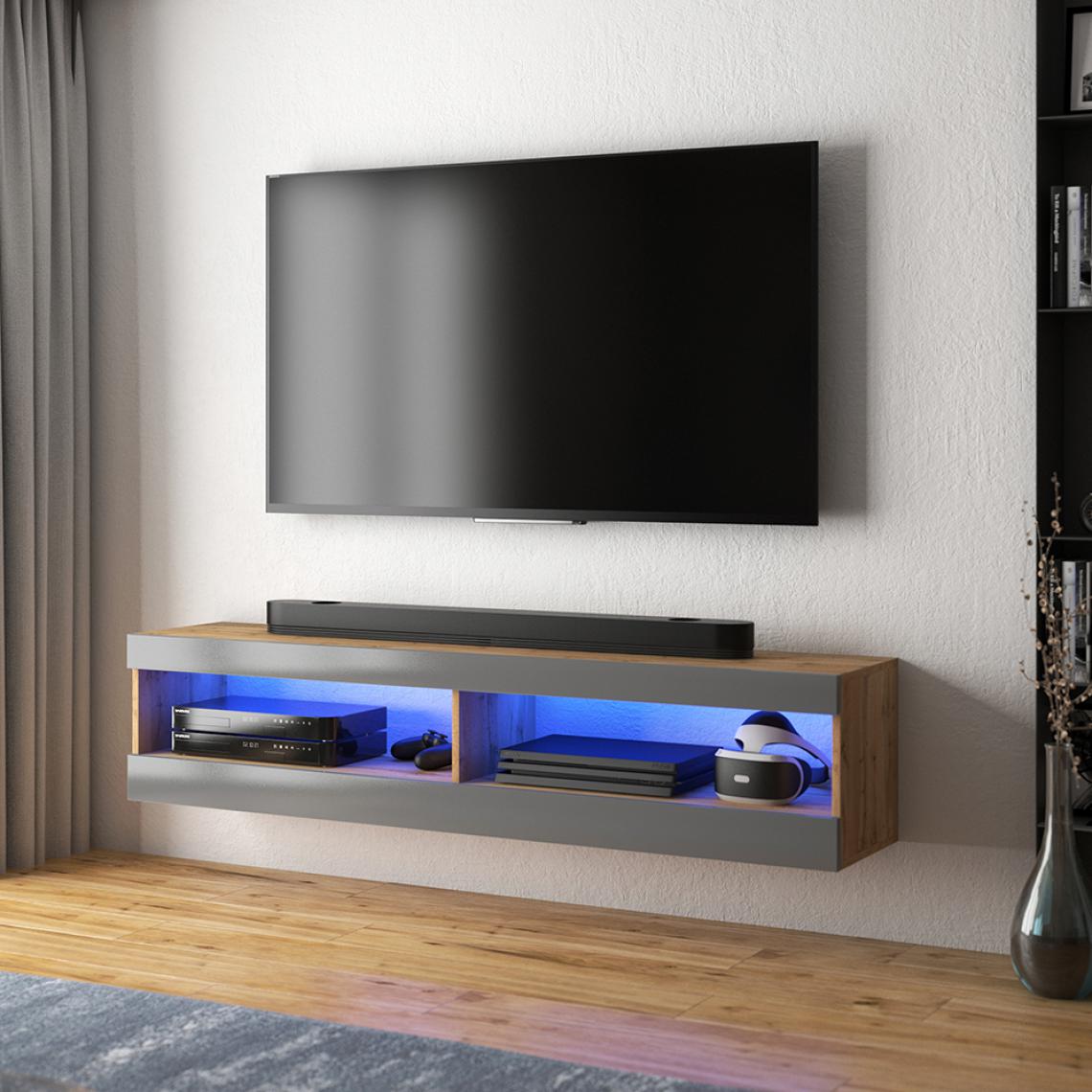 Selsey - Meuble tv - VIANSOLA - 100 cm - chêne lancaster / gris brillant - éclairage LED - Meubles TV, Hi-Fi