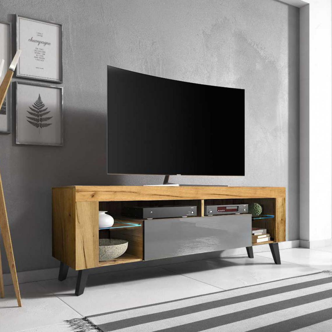 Selsey - Meuble TV - HugoB - 140 cm - chêne lancaster / gris brillant - avec LED - Meubles TV, Hi-Fi