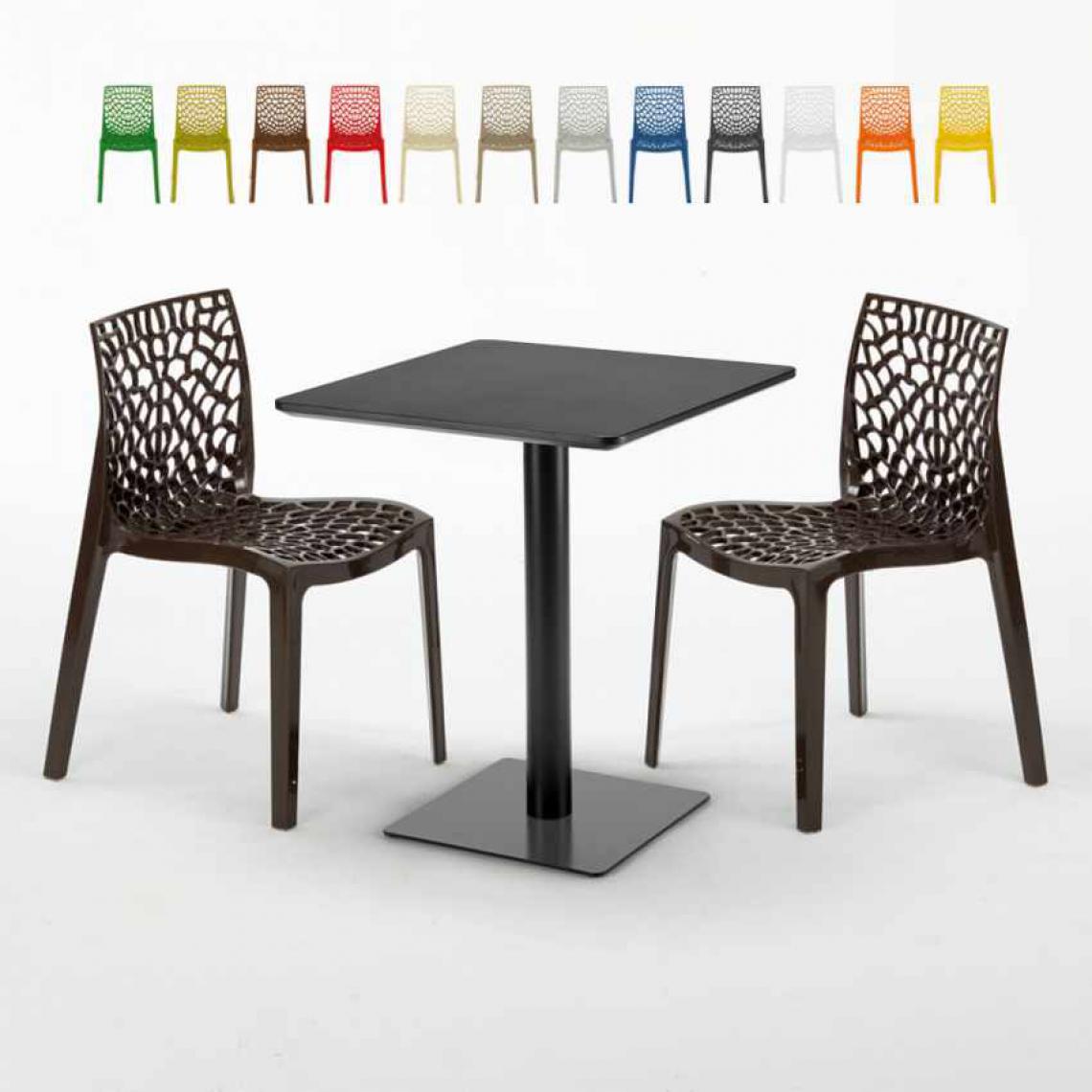 Grand Soleil - Table carrée 60x60 noire avec 2 chaises colorées Gruvyer Licorice, Couleur: Marron - Tables à manger