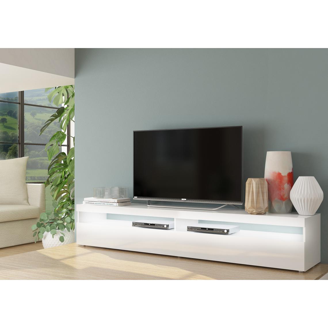 Alter - Meuble de salon Meuble TV, Made in Italy, Meuble TV avec 1 porte abattante et étagères, cm 200x45h36, couleur blanc brillant, avec lumière LED blanche - Meubles TV, Hi-Fi