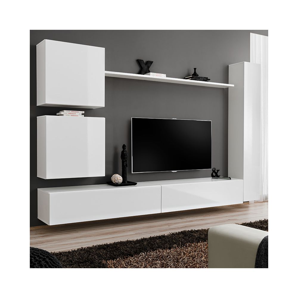 Nouvomeuble - Ensemble meuble TV suspendu blanc LATIANO 3 - Meubles TV, Hi-Fi