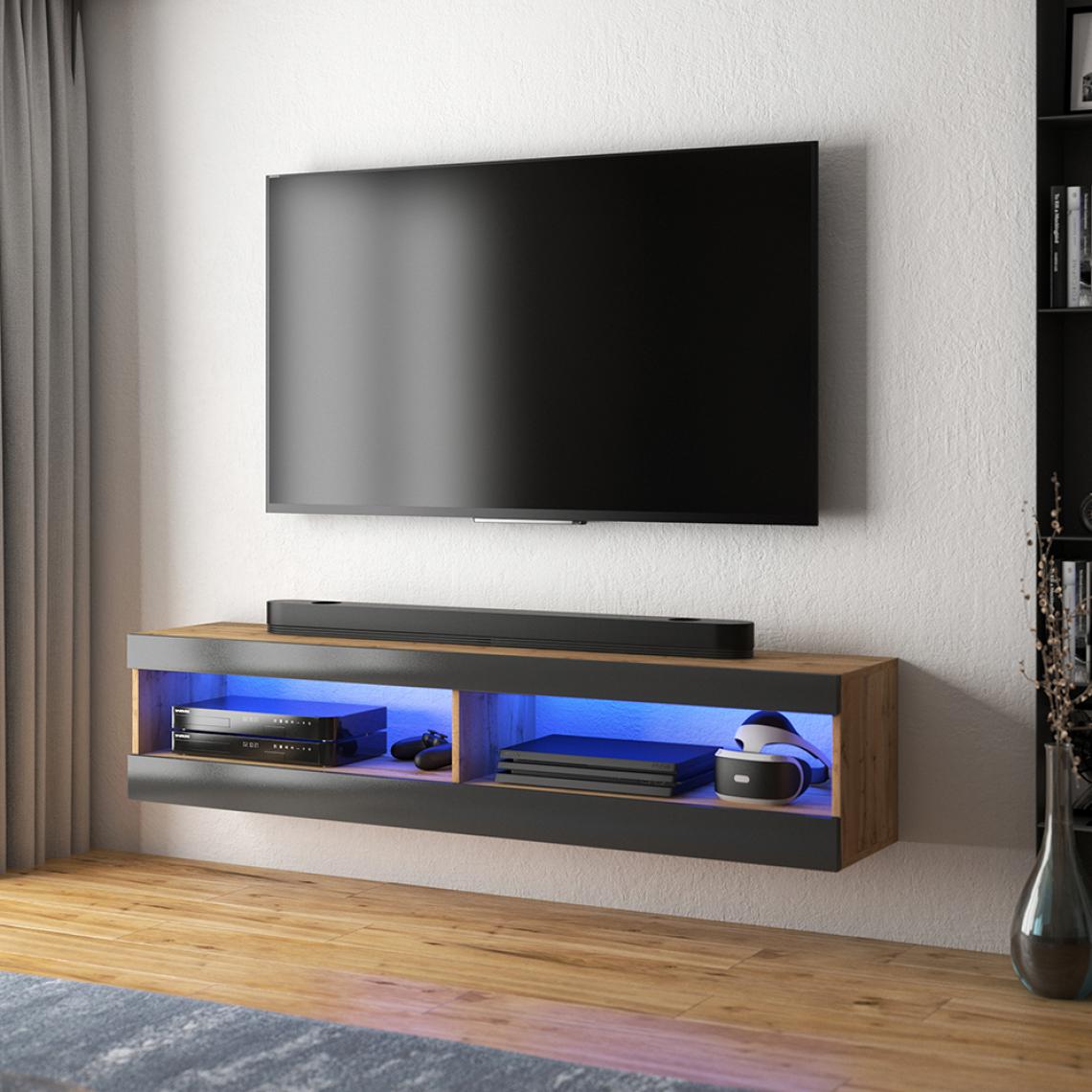 Selsey - Meuble tv - VIANSOLA - 100 cm - chêne lancaster / noir brillant - éclairage LED - Meubles TV, Hi-Fi