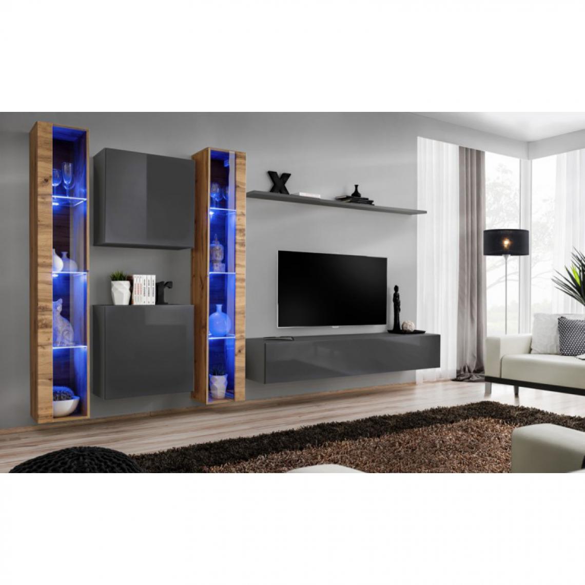 Ac-Deco - Meuble TV Mural Design Switch XVI 330cm Gris & Naturel - Meubles TV, Hi-Fi