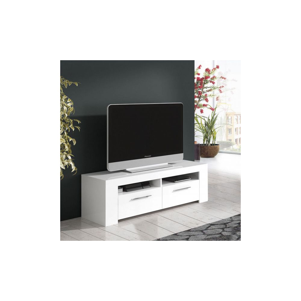 Dansmamaison - Meuble TV 2 portes 2 niches Blanc - RUINUI - L 120 x l 42 x H 40 cm - Meubles TV, Hi-Fi