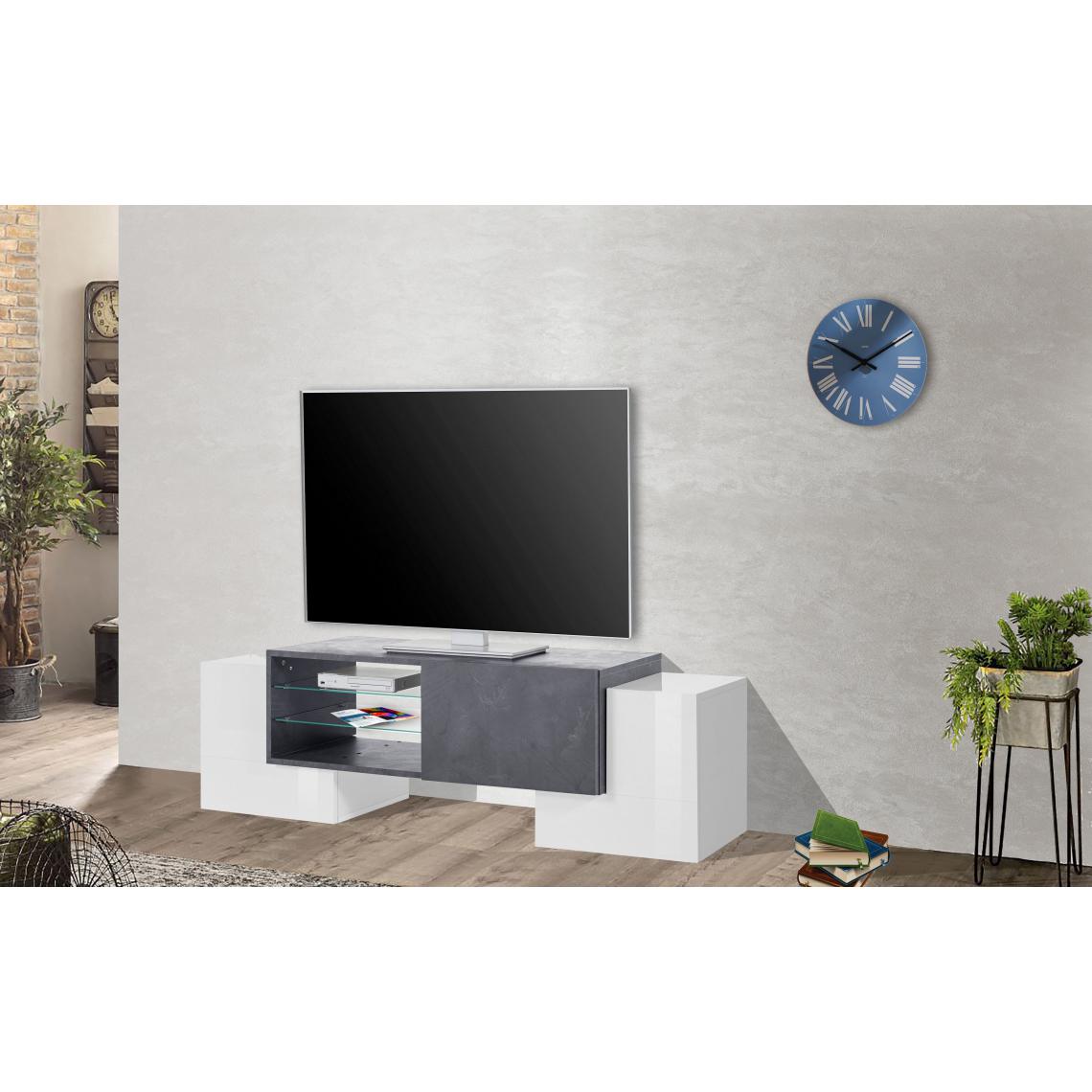 Alter - Meuble TV de salon, Made in Italy, Meuble TV avec 3 portes et étagères, cm 150x45h45, blanc brillant et gris cendré - Meubles TV, Hi-Fi