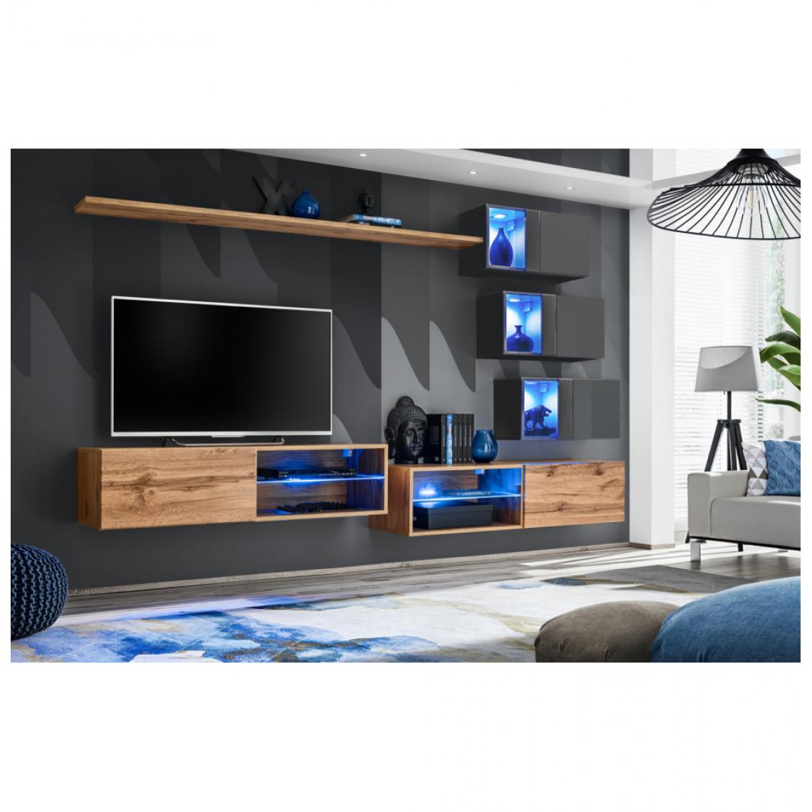 Ac-Deco - Ensemble meuble TV mural Switch XXIV - L 260 x P 40 x H 170 cm - Marron et gris - Meubles TV, Hi-Fi