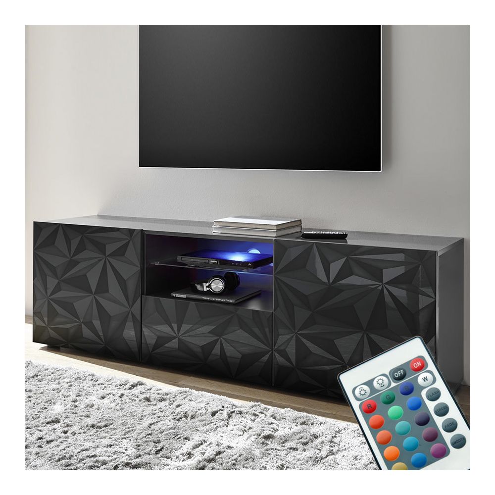Kasalinea - Grand meuble télé lumineux design laqué gris NINO 2 - Meubles TV, Hi-Fi