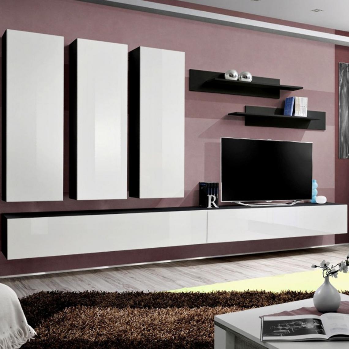 Ac-Deco - Meuble TV Mural Design Fly I 320cm Blanc & Noir - Meubles TV, Hi-Fi
