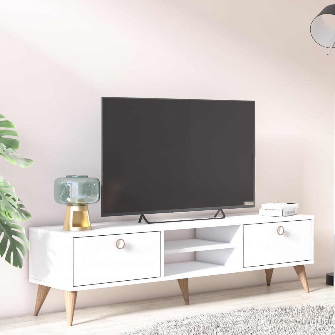 Alter - Meuble TV de salon avec deux portes et deux compartiments centraux, 152 x 35 x 40 cm, coloris blanc - Meubles TV, Hi-Fi