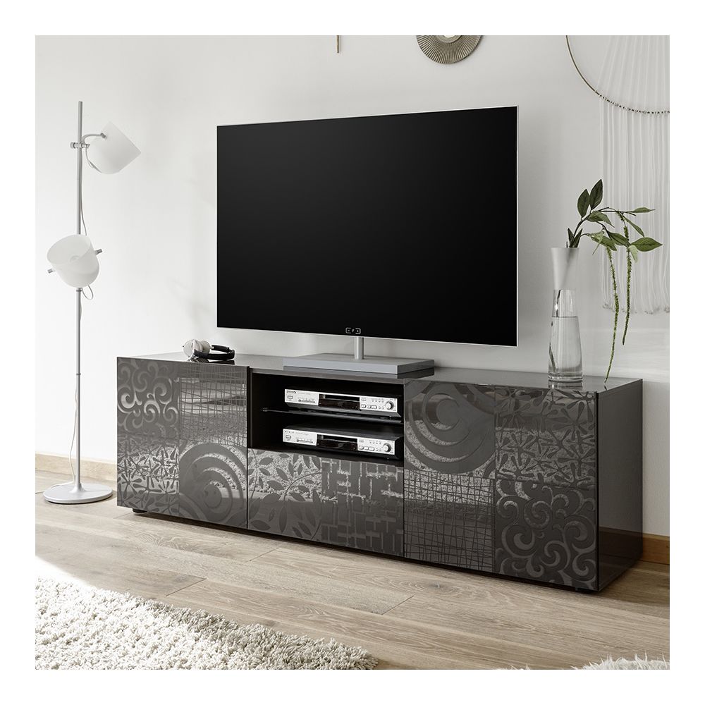 Kasalinea - Grand meuble télé gris laqué design NERINA 2 - Meubles TV, Hi-Fi