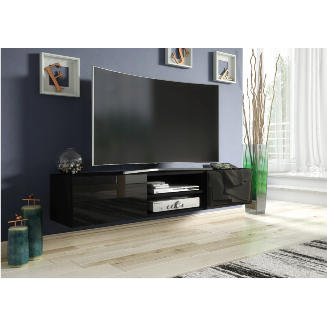3xeliving - 3xEliving Meuble TV avec rangement Demi 2 15 160 cm Noir / Noir Brillant, Largeur: 160cm, Profondeur: 35cm, Hauteur: 30 cm. - Meubles TV, Hi-Fi