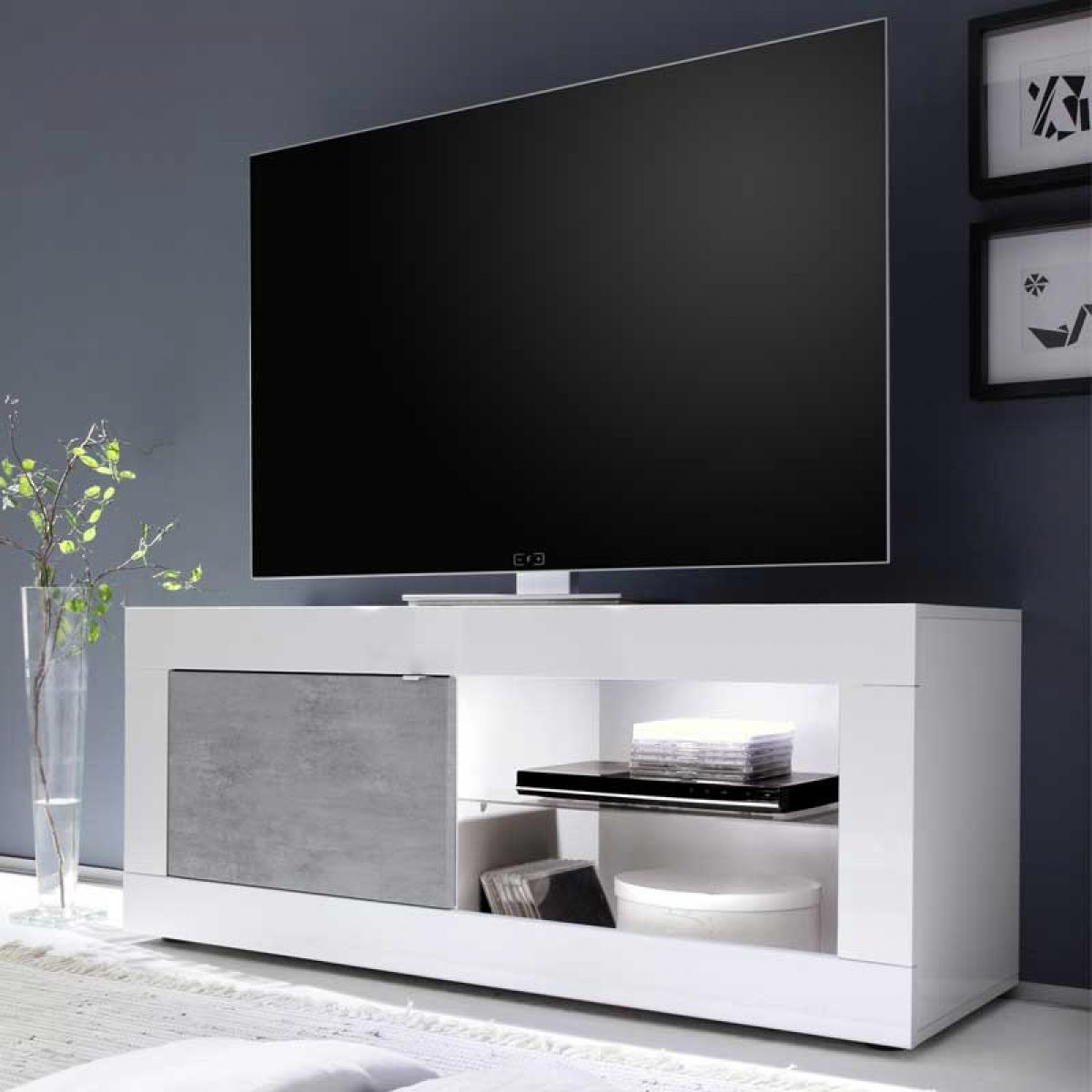 Tousmesmeubles - Meuble TV 1 porte 2 niches Blanc/Béton ciré clair à LEDs - MATERA - Meubles TV, Hi-Fi