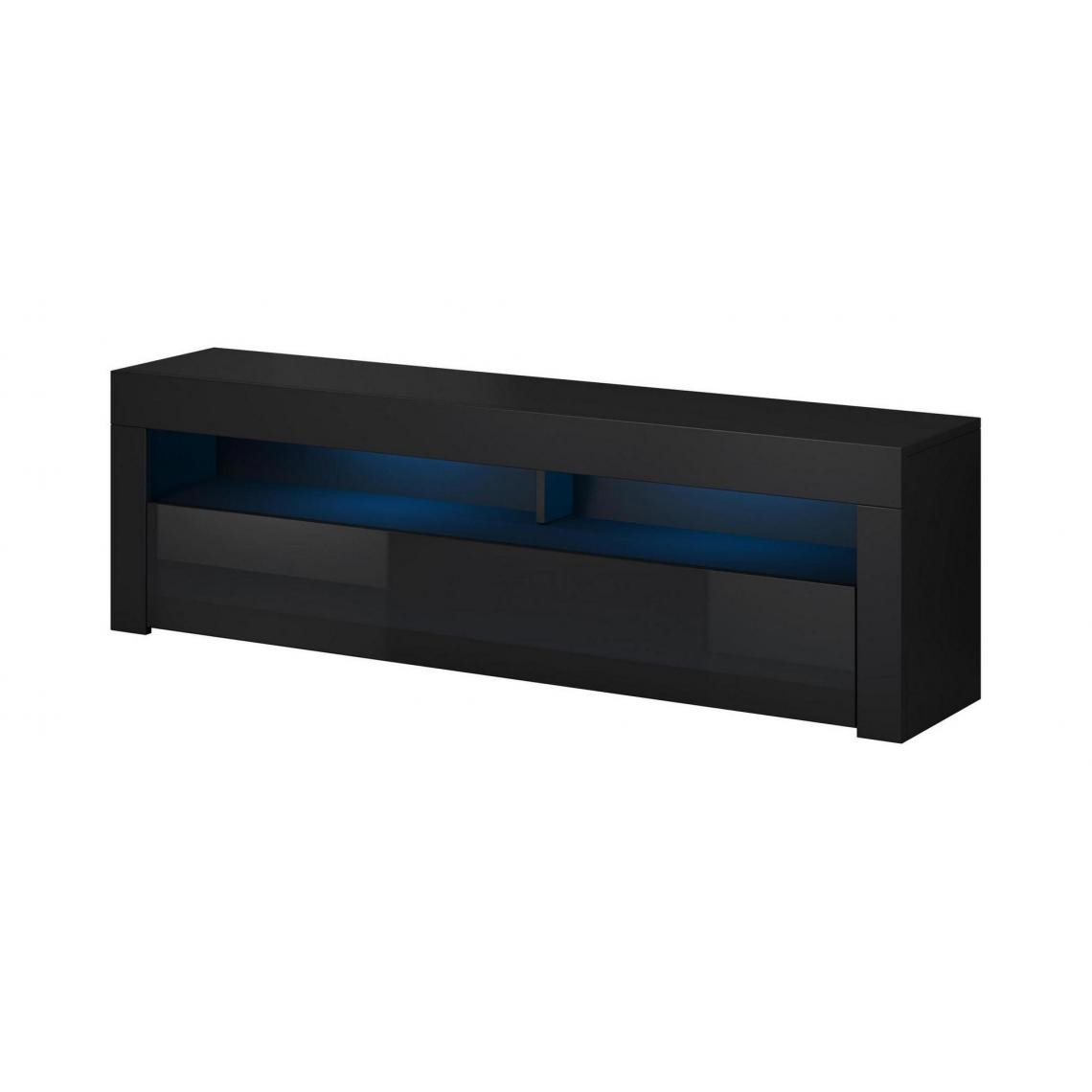 Pegane - Meuble TV coloris noir mat / noir brillant avec éclairage LED bleue - Longueur 160 x Profondeur 35 x hauteur 55 cm - Meubles TV, Hi-Fi