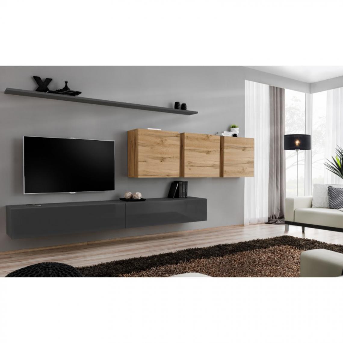 Ac-Deco - Meuble TV Mural Design Switch VII 340cm Gris & Naturel - Meubles TV, Hi-Fi
