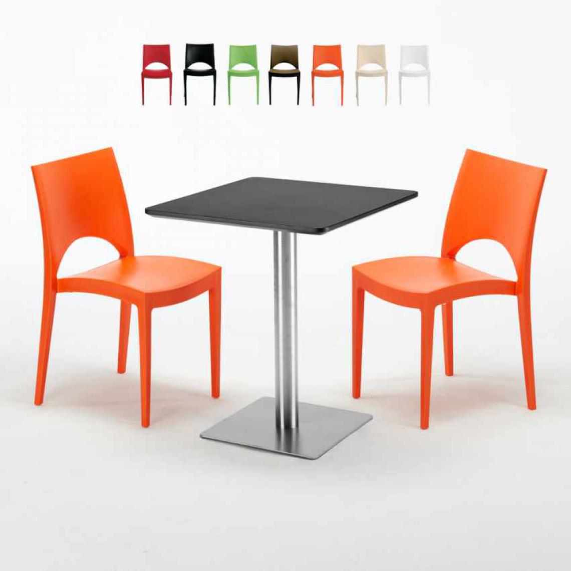 Grand Soleil - Table carrée 60x60 pied acier et plateau noir avec 2 chaises colorées Paris Pistachio, Couleur: Orange - Tables à manger