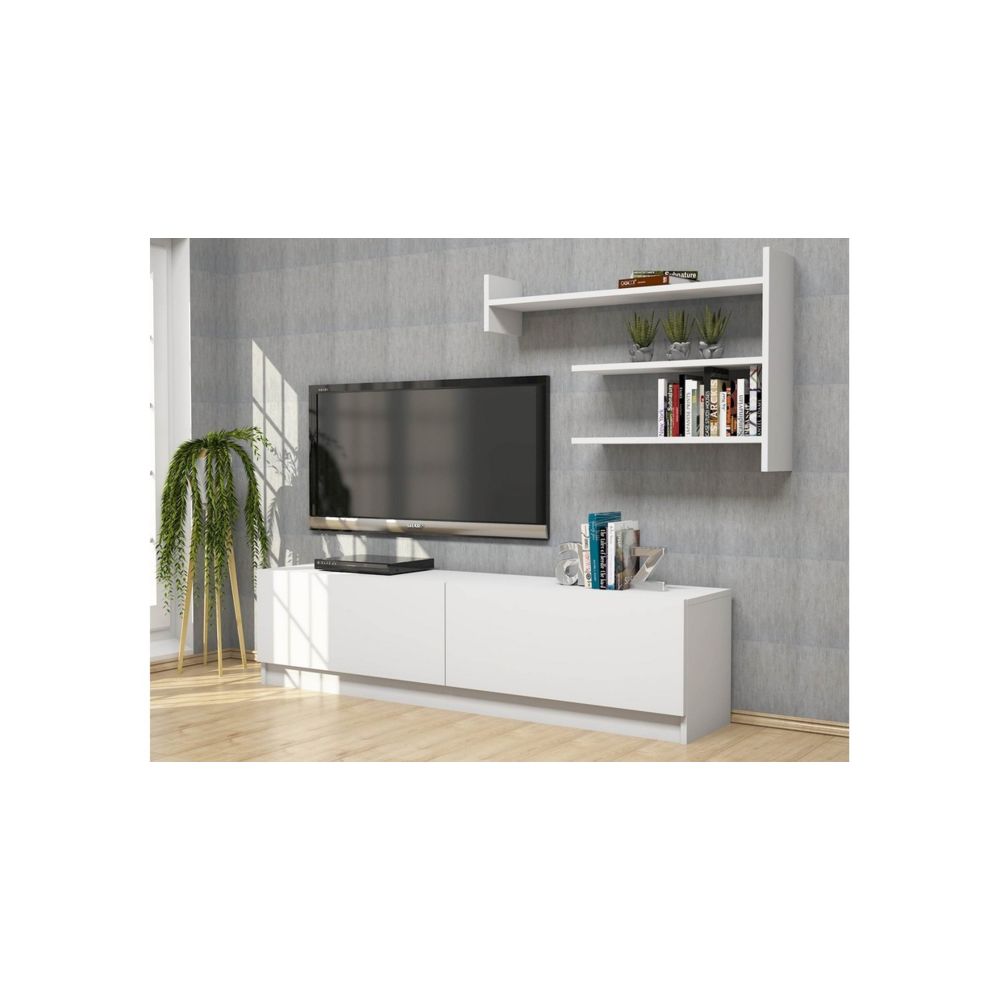 Homemania - HOMEMANIA Meuble TV Martin Moderne - avec Portes, Étagères - pour Salon - Blanc en Bois, 160 x 33,6 x 40 cm - Meubles TV, Hi-Fi