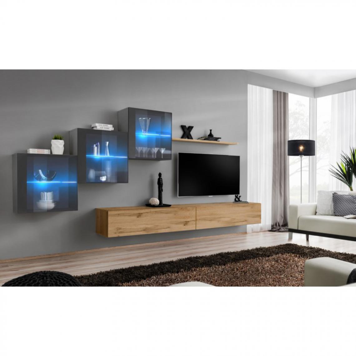 Ac-Deco - Meuble TV Mural Design Switch XX 330cm Naturel & Gris - Meubles TV, Hi-Fi