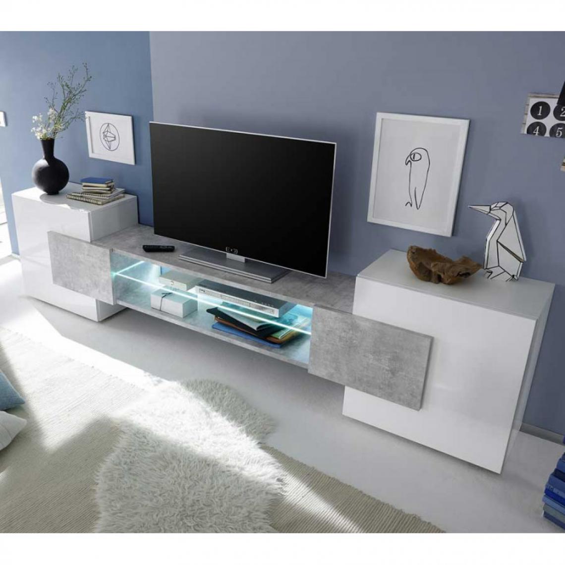 Tousmesmeubles - Meuble TV 2 portes laqué Blanc brillant/Béton ciré à LEDs - CATANE - Meubles TV, Hi-Fi