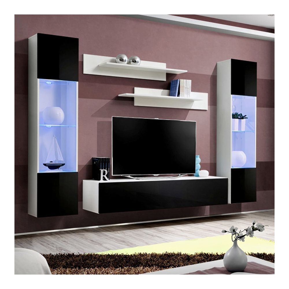 Nouvomeuble - Grand meuble TV noir et blanc LARISSA - Meubles TV, Hi-Fi