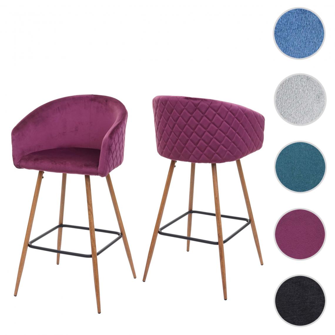 Mendler - 2x tabouret de bar HWC-D72, chaise bar/comptoir, avec dossier, tissu ~ velours, couleur rouge-bordeaux - Tabourets