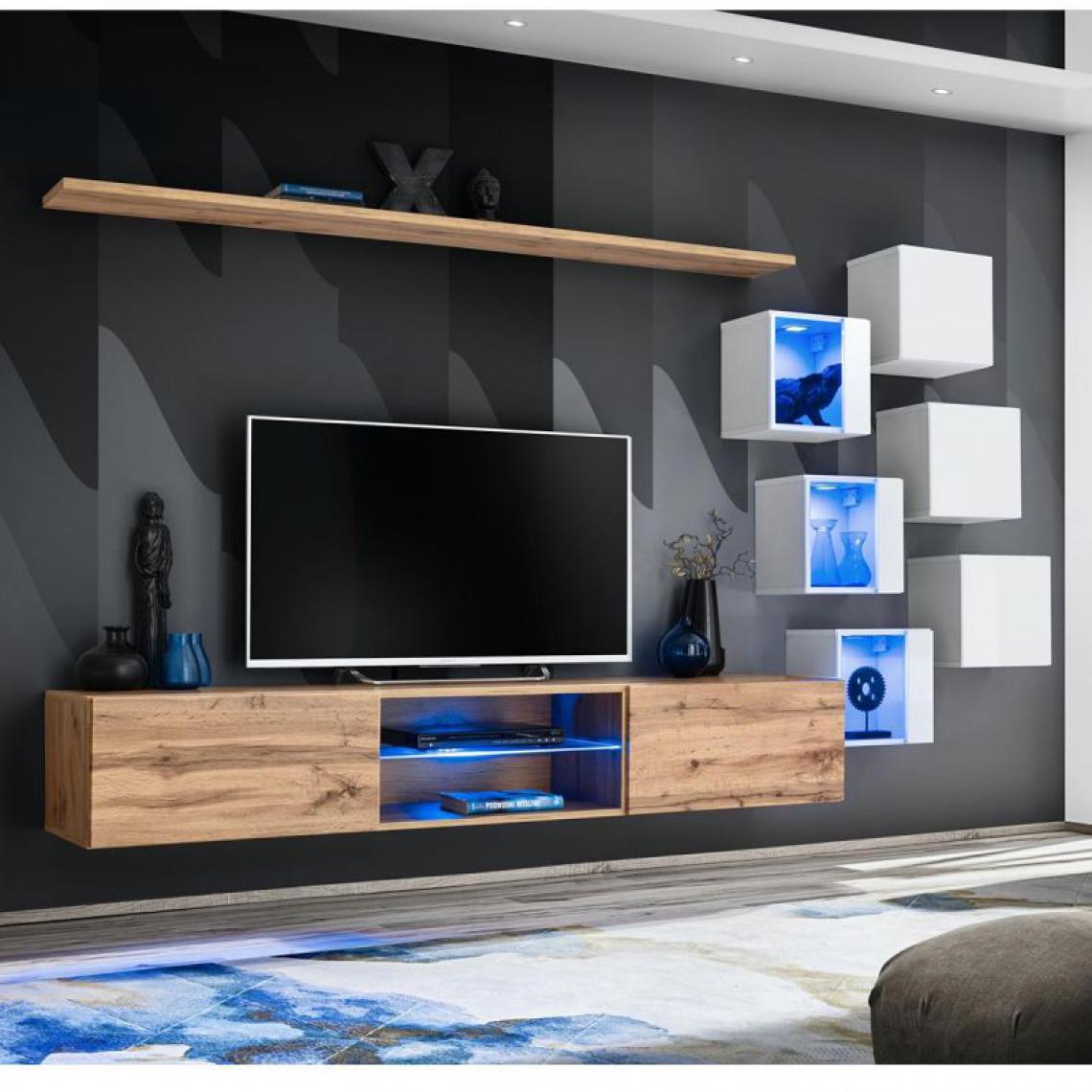 Ac-Deco - Ensemble Meuble TV Switch XXI 180cm Naturel & Blanc - Meubles TV, Hi-Fi