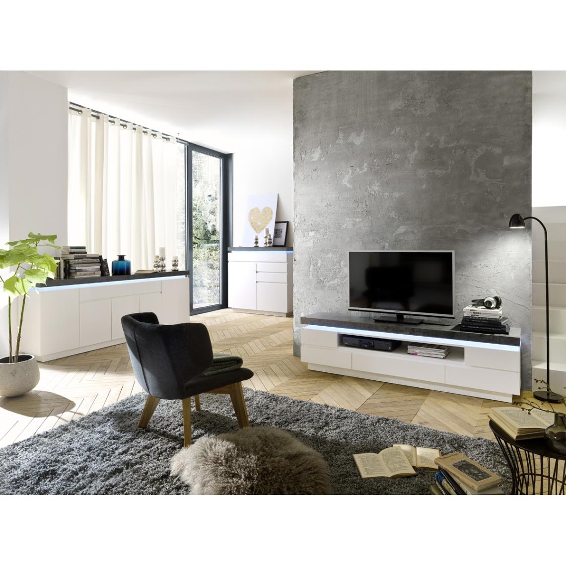 Pegane - Meuble TV éclairage LED avec 5 tiroirs en laqué blanc mat - L175 x H48 x P40 cm - Meubles TV, Hi-Fi