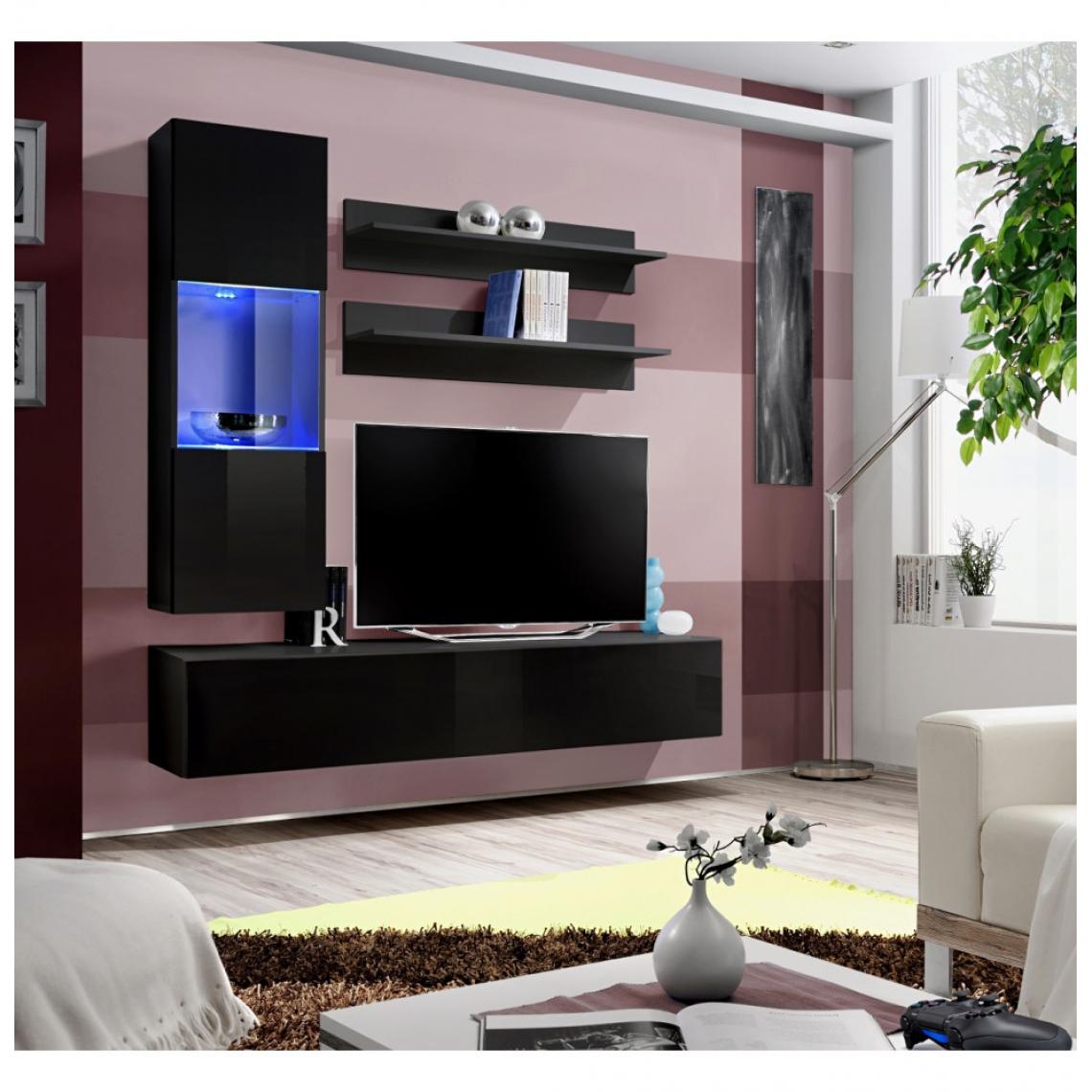 Ac-Deco - Ensemble meuble TV mural - Fly III - 160 cm x 170 cm x 40 cm - Noir - Meubles TV, Hi-Fi