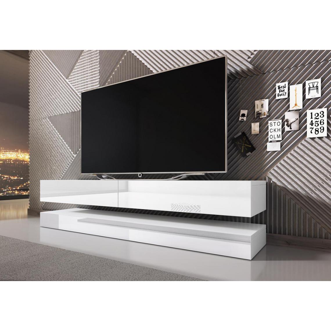 Pegane - Meuble TV coloris blanc mat / blanc brillant - Hauteur 35 x Longueur 140 x Profondeur 40 cm - Meubles TV, Hi-Fi
