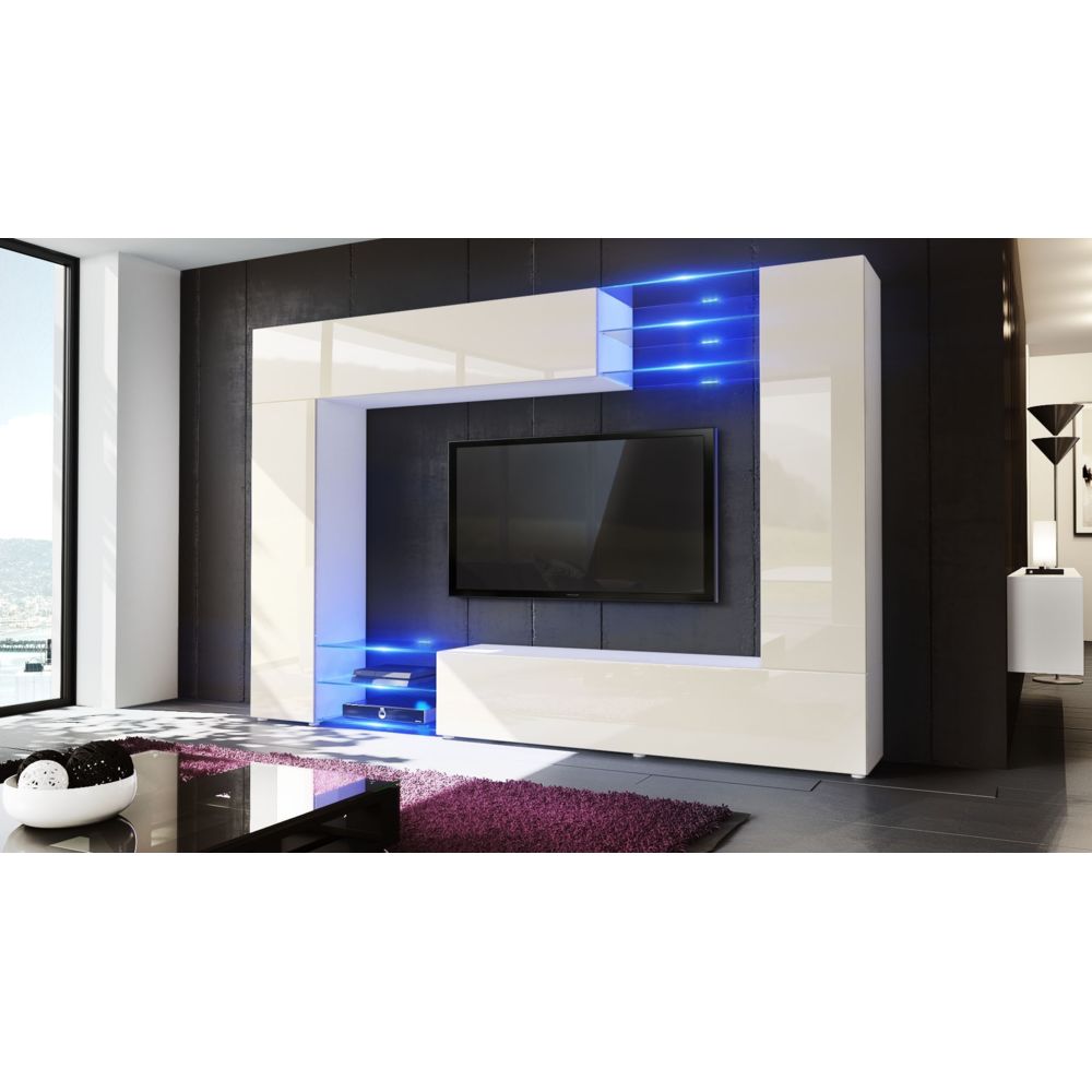 Mpc - Combinaison murale blanche et crème corps mat et façades laquées - Meubles TV, Hi-Fi