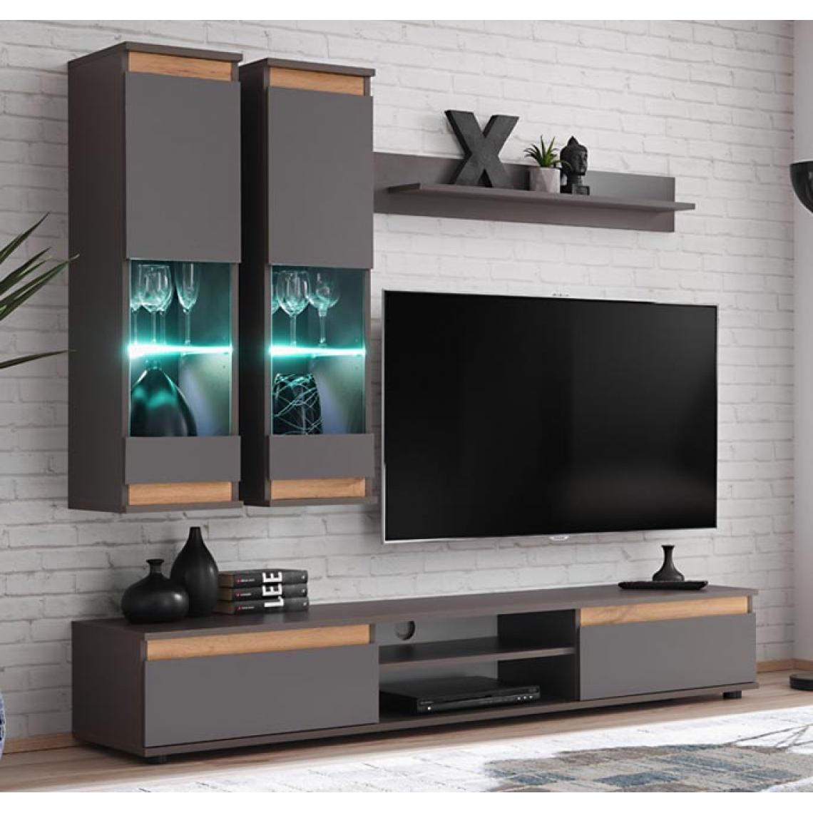 Design Ameublement - Meuble Mural TV modèle Borneo couleur gris anthracite et chêne (175m) - Meubles TV, Hi-Fi