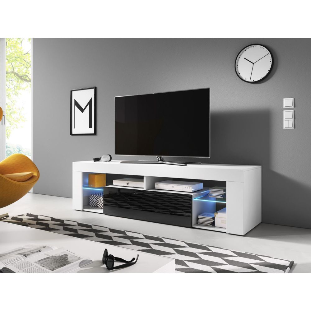 Vivaldi - VIVALDI Meuble TV - EVEREST 2 - 140 cm - blanc mat / noir brillant +LED - style design - Meubles TV, Hi-Fi