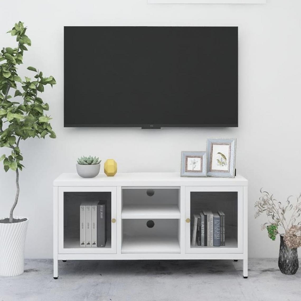 Vidaxl - vidaXL Meuble TV Blanc 105x35x52 cm Acier et verre - Meubles TV, Hi-Fi