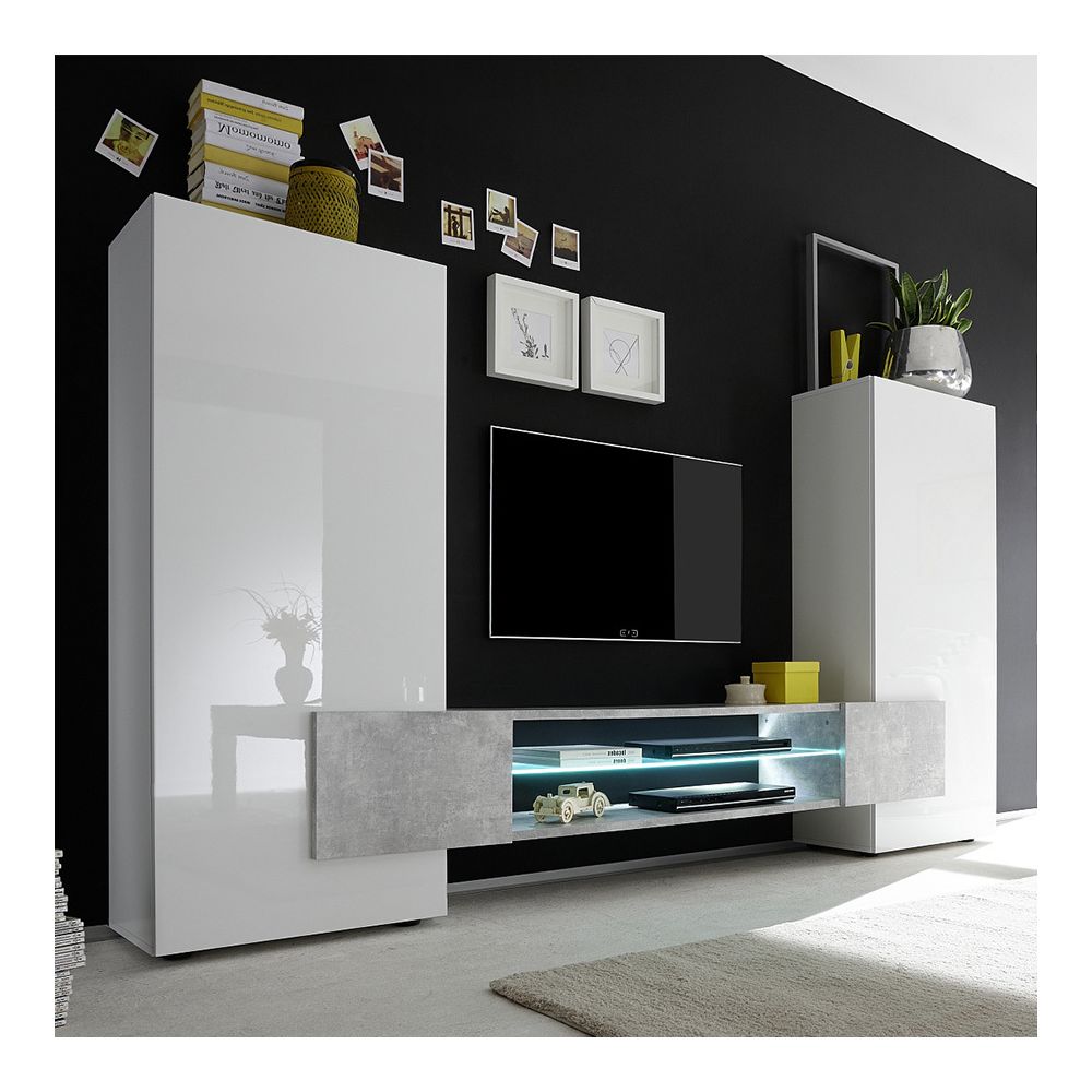 Happymobili - Ensemble meubles TV blanc laqué brillant et béton ARGOS - Meubles TV, Hi-Fi