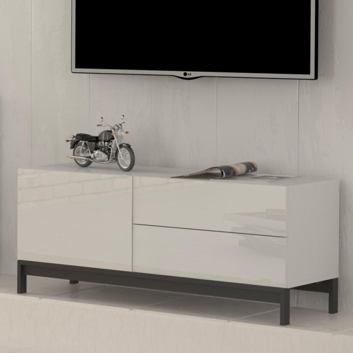 Ahd Amazing Home Design - Meuble TV Buffet Salon Compartiment 2 Tiroirs Blanc Brillant Metis Up - Meubles TV, Hi-Fi
