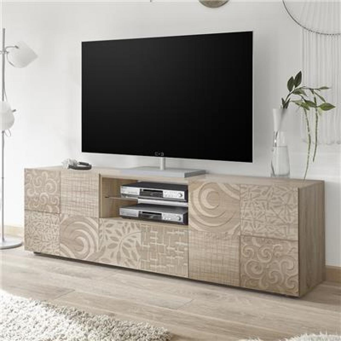 Nouvomeuble - Grand meuble TV 180 cm contemporain chêne clair ELMA 3 - Meubles TV, Hi-Fi
