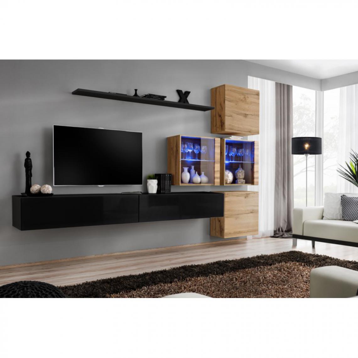 Ac-Deco - Meuble TV Mural Design Switch XIX 310cm Noir & Naturel - Meubles TV, Hi-Fi