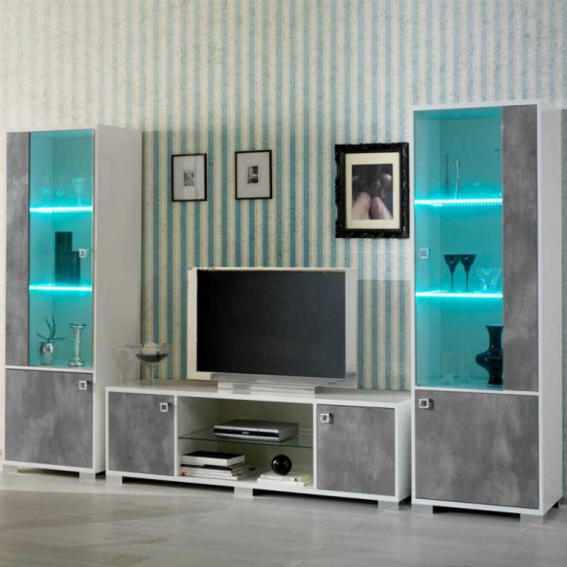 Dansmamaison - Composition TV 4 portes Laqué Blanc Brillant/Gris à LED - AVELLINO - L 380 x l 50 x H 190 cm - Meubles TV, Hi-Fi