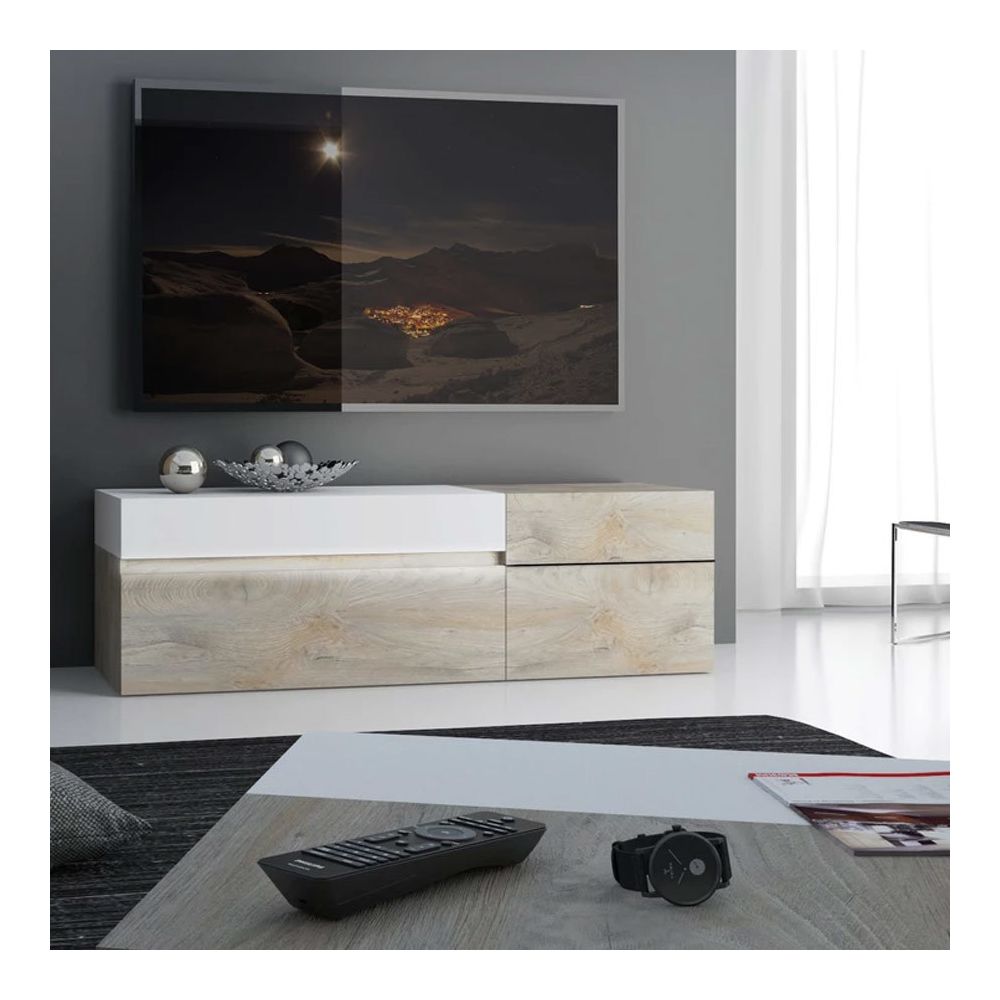 Kasalinea - Grand meuble télé couleur chêne et blanc moderne EMILIE - Meubles TV, Hi-Fi