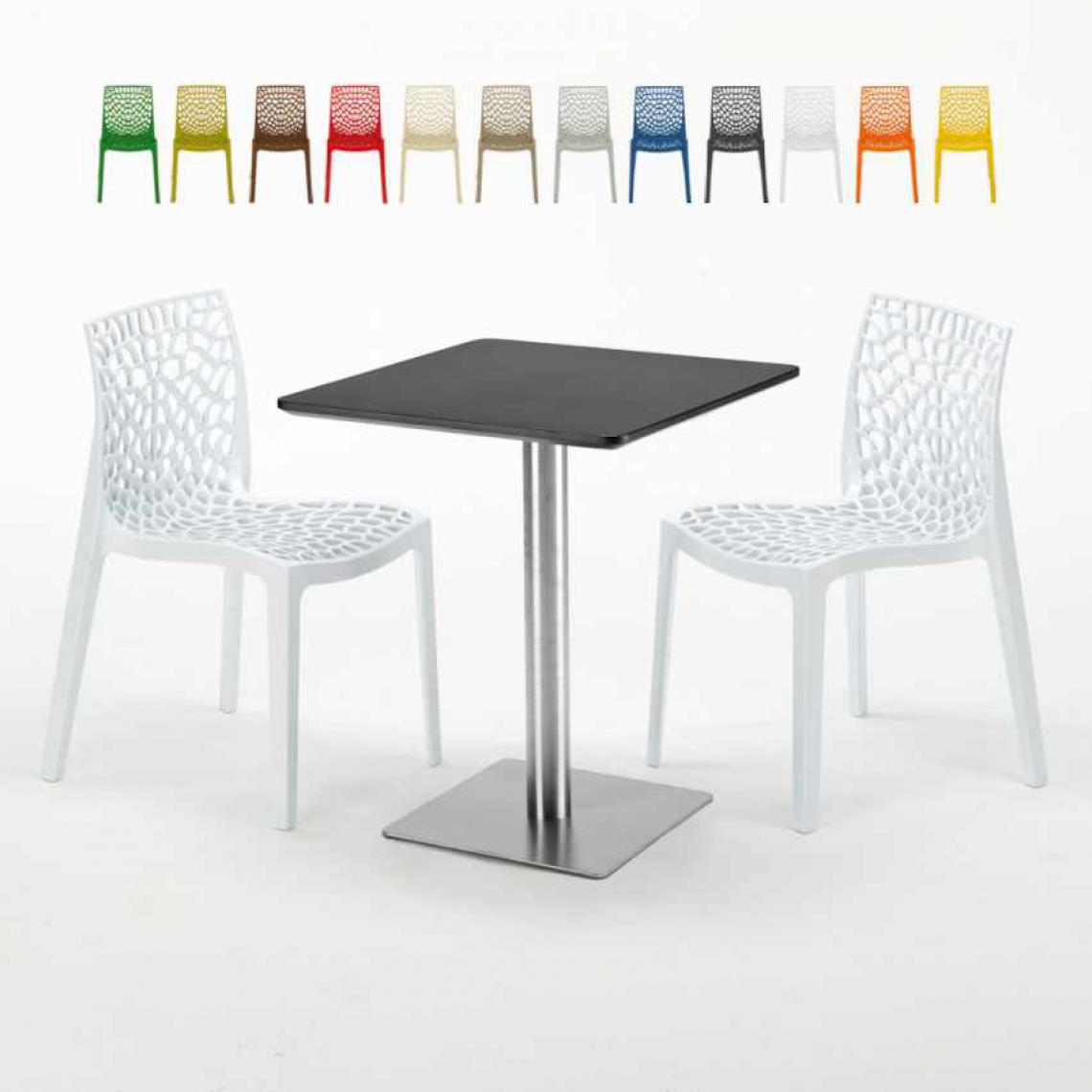 Grand Soleil - Table carrée 60x60 pied acier et plateau noir avec 2 chaises colorées Gruvyer Pistachio, Couleur: Blanc - Tables à manger