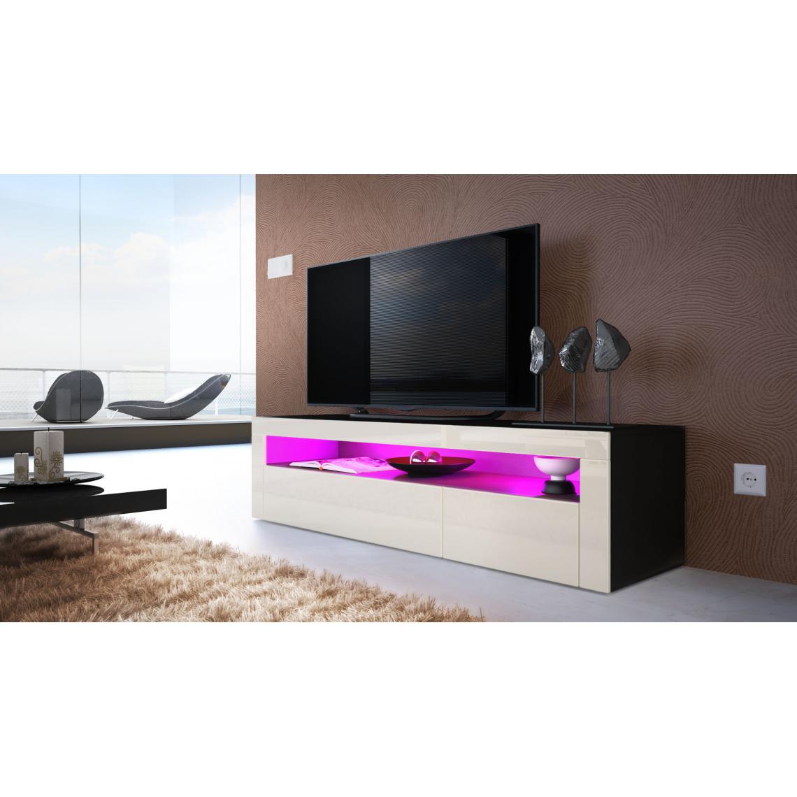 Mpc - Meuble bas noir mat et crème laqué avec led 155 cm - Meubles TV, Hi-Fi
