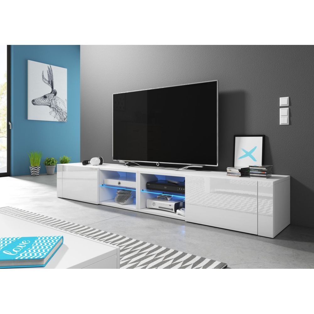 Vivaldi - VIVALDI Meuble TV - HIT 2 DOUBLE - 200 cm - blanc mat / blanc brillant +LED - style design - Meubles TV, Hi-Fi