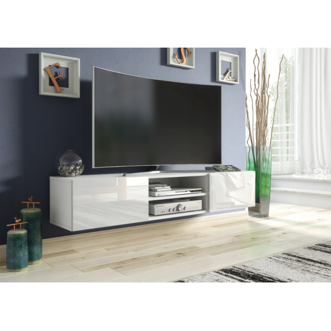 3xeliving - 3xEliving Meuble TV avec rangement Demi 2 15 160 cm Blanc / Blanc Brillant, Largeur: 120cm, Profondeur: 35cm, Hauteur: 30 cm. - Meubles TV, Hi-Fi