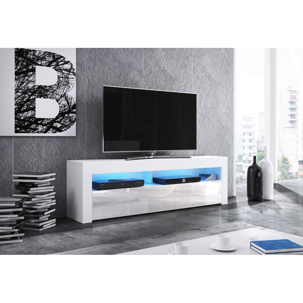 Vivaldi - VIVALDI Meuble TV - MEX - 160 cm - blanc mat / blanc brillant +LED - style moderne - Meubles TV, Hi-Fi