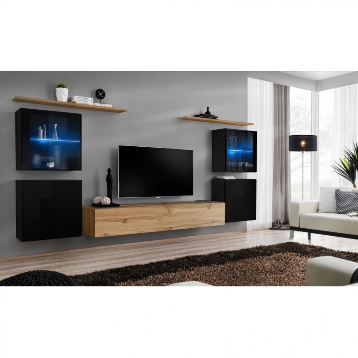 Ac-Deco - Meuble TV Mural Design Switch XIV 320cm Noir & Naturel - Meubles TV, Hi-Fi