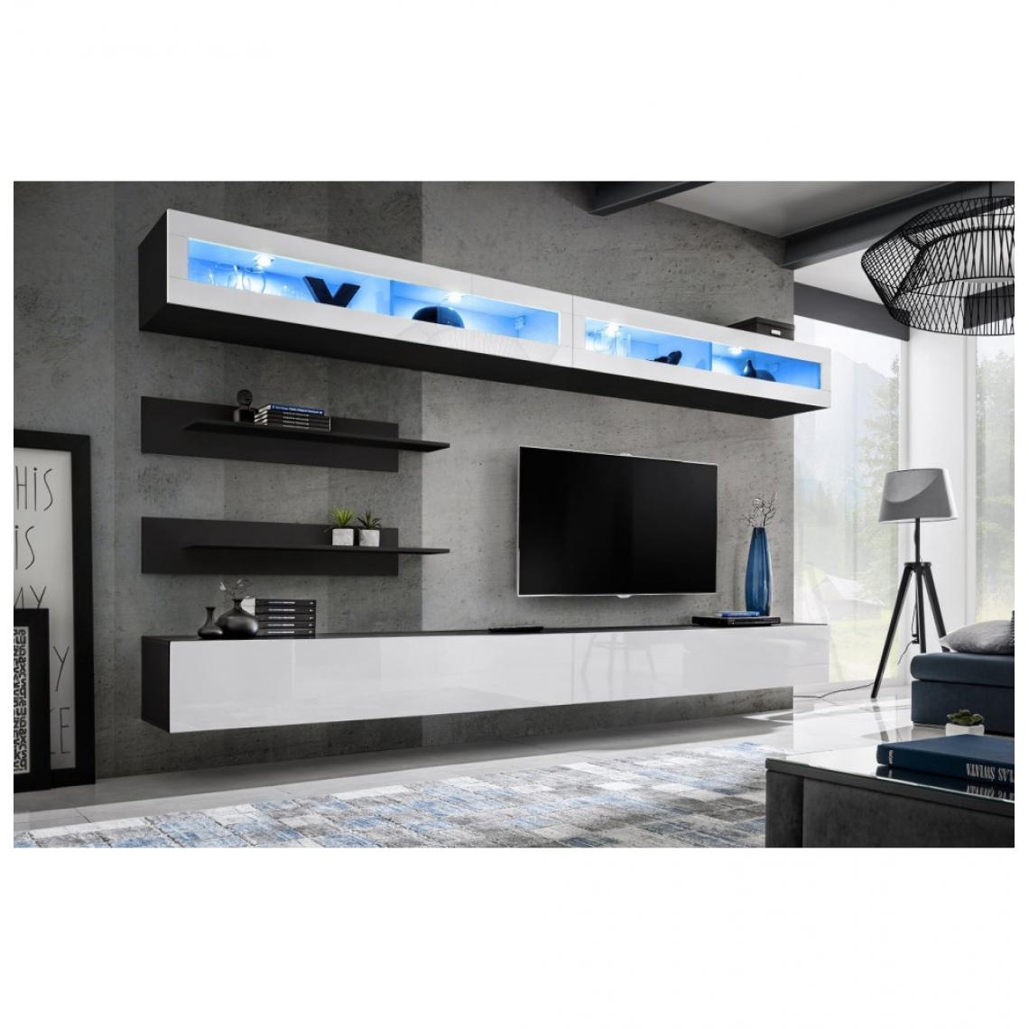 Ac-Deco - Ensemble mural - FLY I - 2 rangements LED - 2 meubles TV - 2 étagères - Noir et blanc - Modèle 1 - Meubles TV, Hi-Fi
