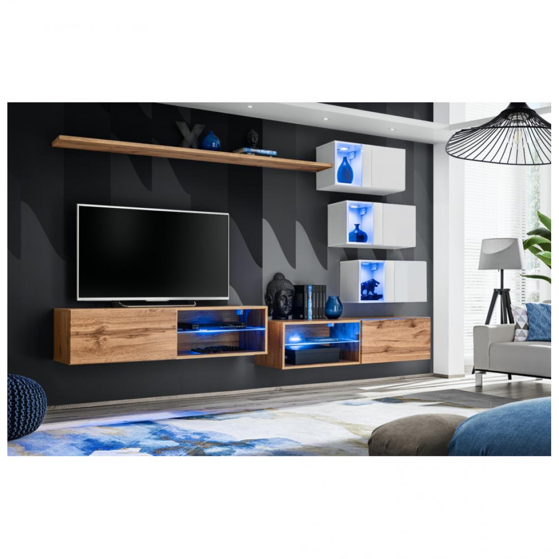 Ac-Deco - Ensemble meuble TV mural Switch XXIV - L 260 x P 40 x H 170 cm - Marron et blanc - Meubles TV, Hi-Fi