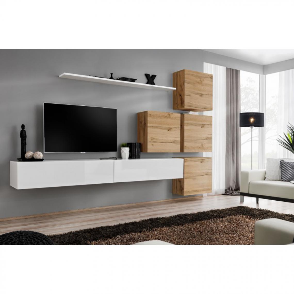 Ac-Deco - Meuble TV Mural Design Switch IX 310cm Blanc & Naturel - Meubles TV, Hi-Fi