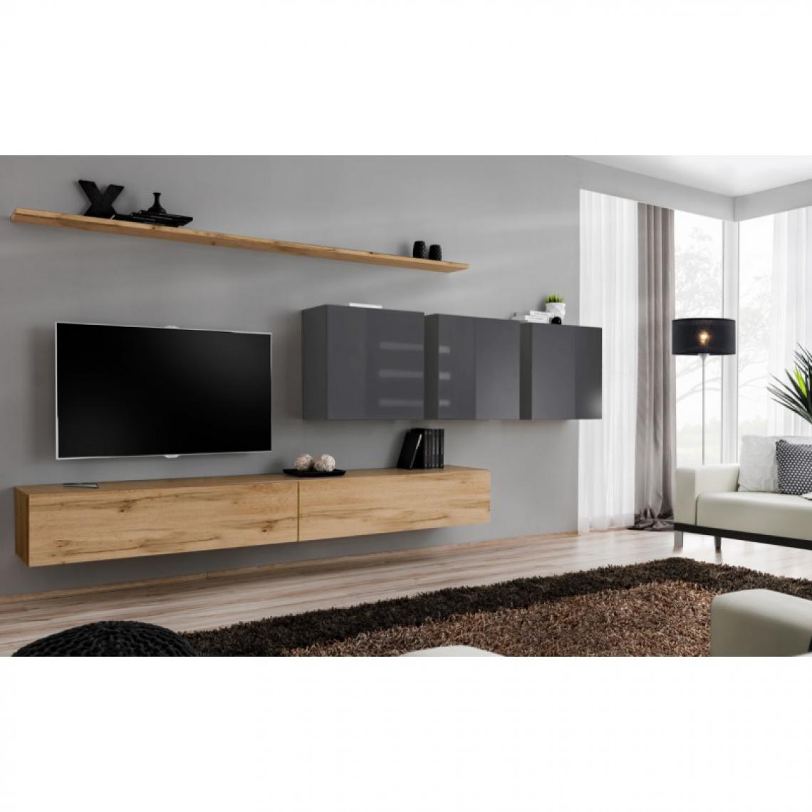 Ac-Deco - Meuble TV Mural Design Switch VII 340cm Naturel & Gris - Meubles TV, Hi-Fi