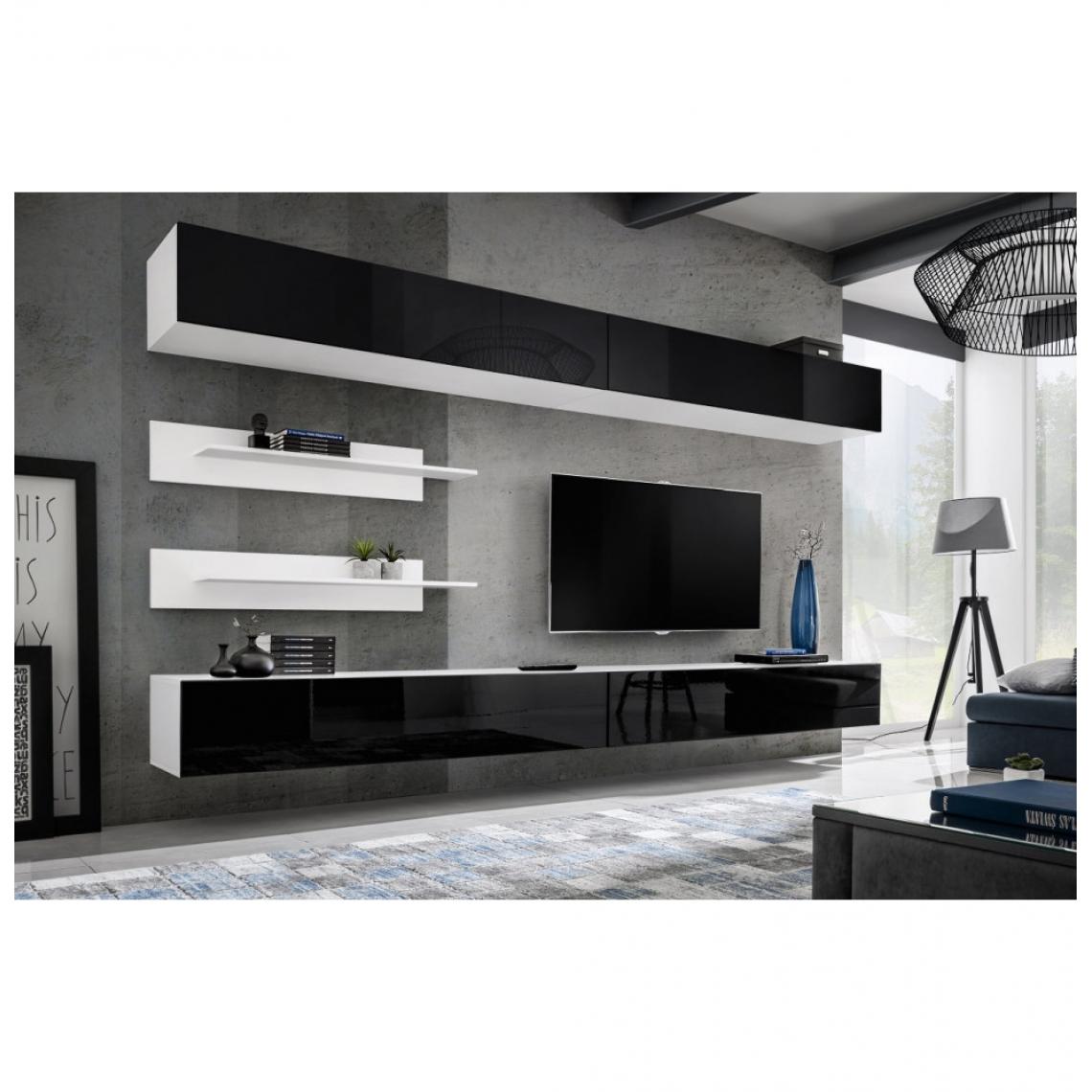 Ac-Deco - Ensemble mural - FLY I - 2 rangements - 2 meubles TV - 2 étagères - Blanc et noir - Meubles TV, Hi-Fi