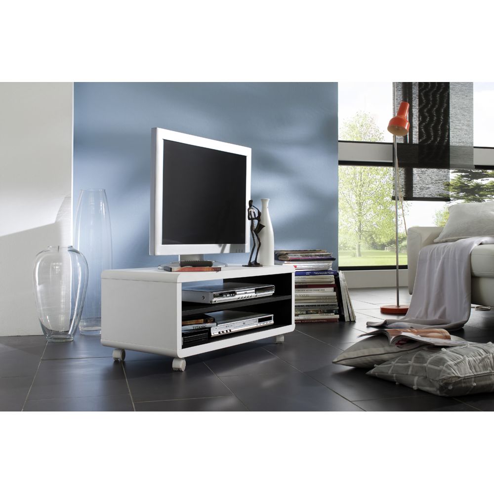 Pegane - Meuble TV décor Blanc et noir avec roulettes - L79 x H35 x P39 cm -PEGANE- - Meubles TV, Hi-Fi